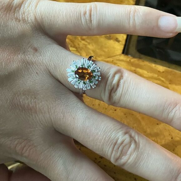 Natural Orange Garnet Chrome Diopside Sterling Silver Cocktail Ring Size 6 - Picture 8 of 8